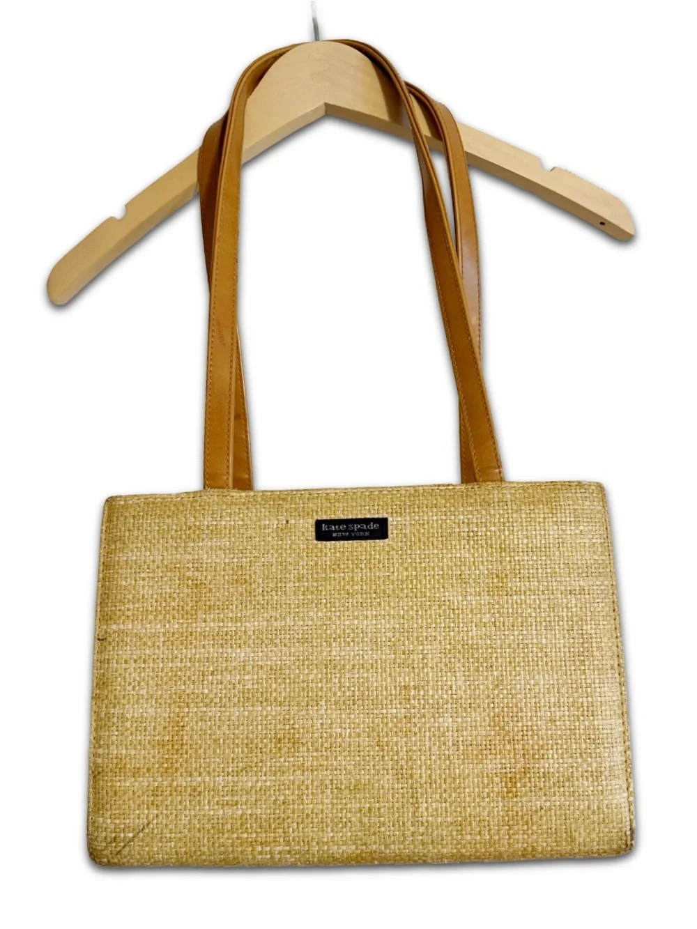 Rare Vintage Kate Spade New York Raffia Straw Tote Shoulder Bag Tan Leather Y2K